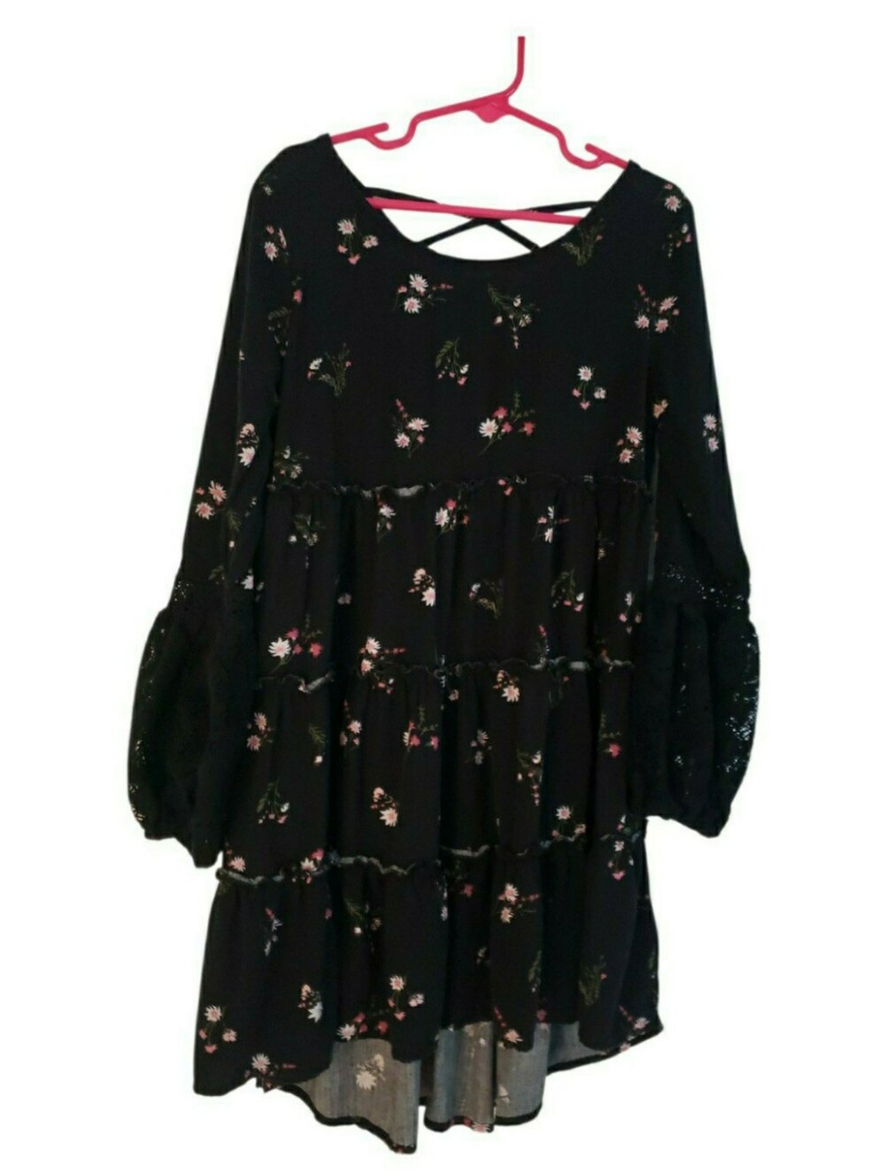 art class Girls Black Floral Tiered Dress with Pink and Cream Accents